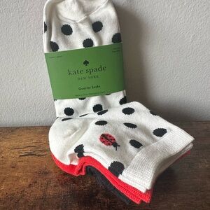 Kate Spade 3 Pack Quarter Socks Polka Dot Lady Bug, Red and Black 3 Pairs NWT